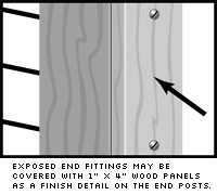 Exposed end fittings may be covered with 1in x 4in wood panels as a finish detail on the end posts