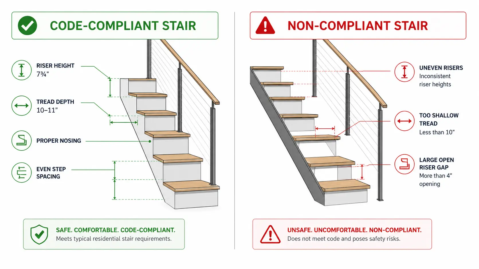 Correct vs incorrect stair dimensions showing proper riser height and tread depth according to US building code standards
