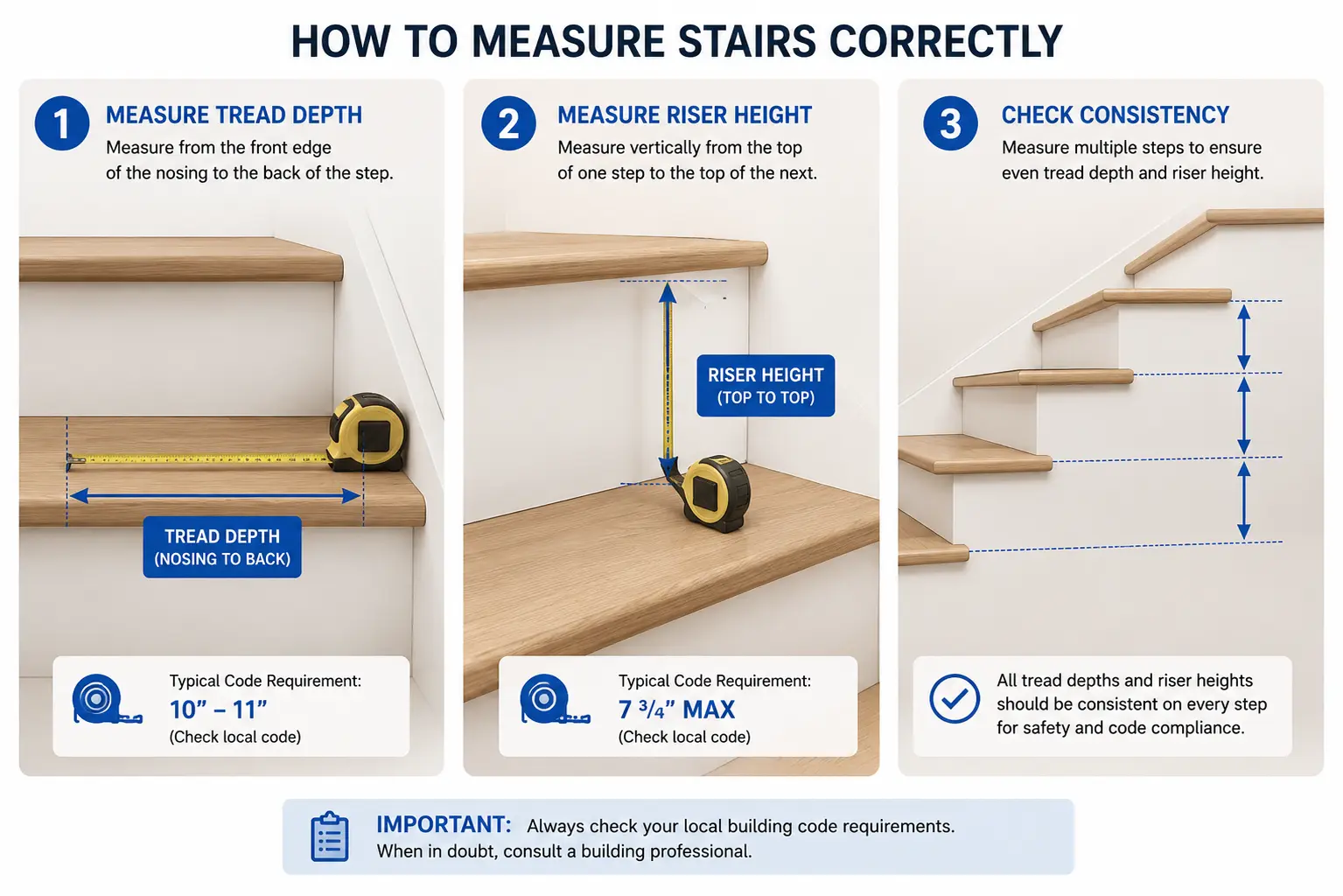 How to measure stair riser height and tread depth using a tape measure for building code compliance