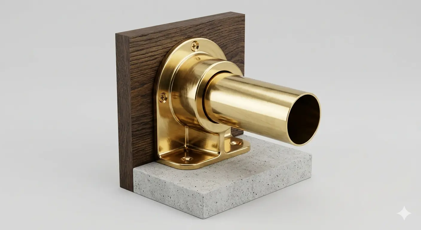 Solid brass combination mounting bracket for a bar foot rail attached to a bar face and floor.