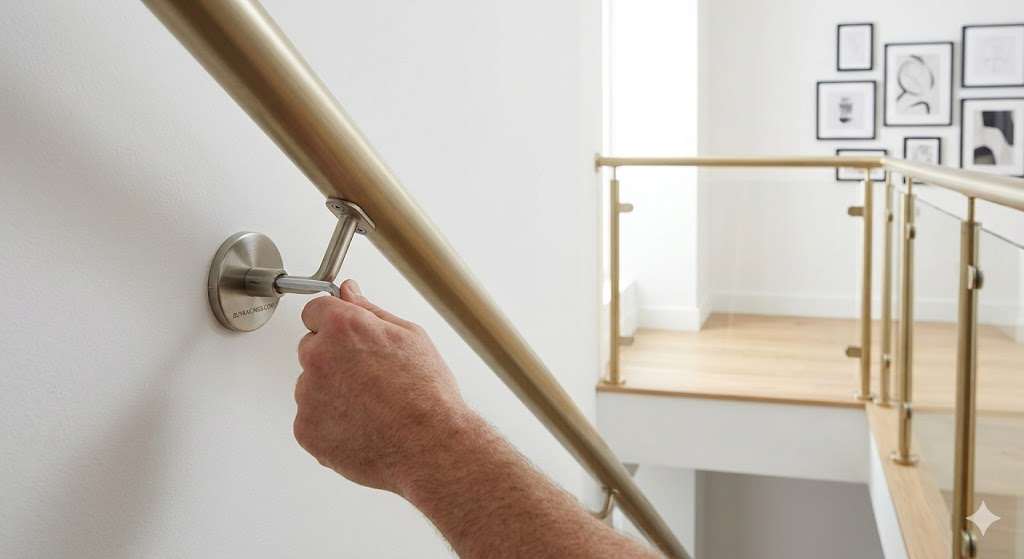 Modern staircase landing design ideas featuring sleek wooden handrail hardware.