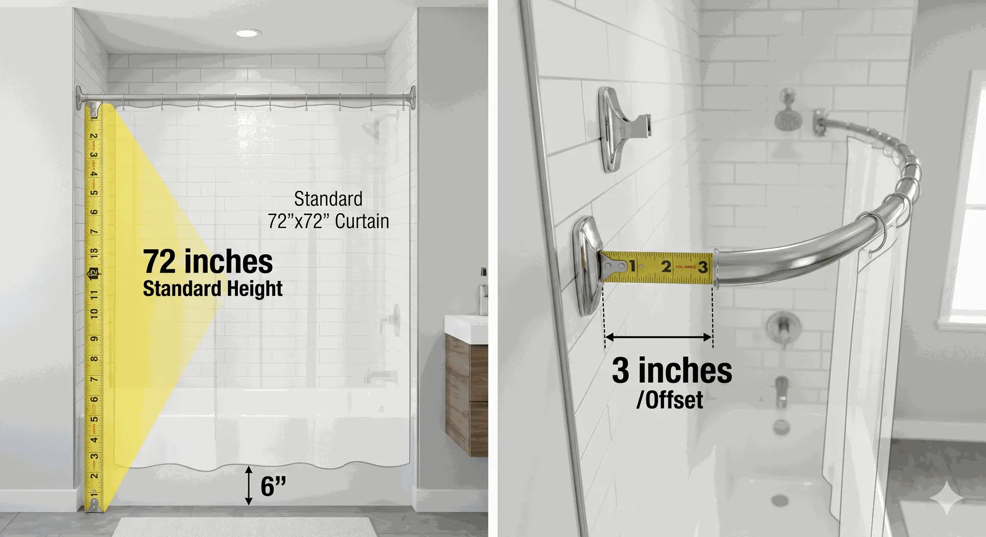 A two-panel technical installation guide for bathroom hardware. The left panel shows a straight shower rod mounted at a standard 72 inches from the floor, with a 72x72 inch curtain hanging 6 inches below the tub rim. The right panel demonstrates the offset rule for a curved shower rod, showing a tape measure adjusting the wall bracket 3 inches inward from the standard straight line.