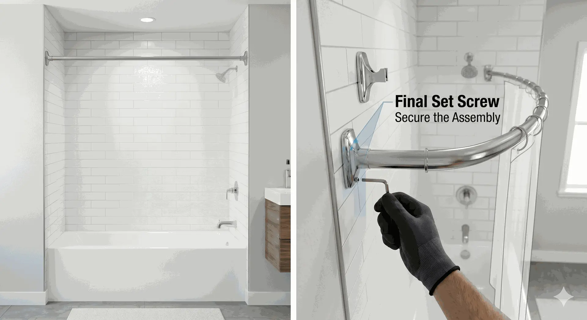 A two-panel visual displaying a complete bathroom layout on the left, and a close-up installation step on the right. In the right panel, a hand in a black work glove uses a hex key to tighten the final set screw on a wall-mounted bracket, securely locking a curved stainless steel shower curtain rod assembly into place against white subway tile.