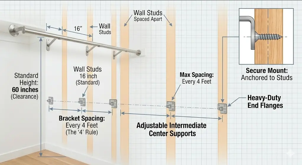 An installed, complex commercial walk-in closet racking system utilizing extensive heavy-duty metal closet rod supports, vertical support poles, and intermediate center support brackets. It demonstrates a successful, complex deployment of modular hardware supporting hundreds of black velvet hangers with high-end apparel against a modern architectural backdrop.