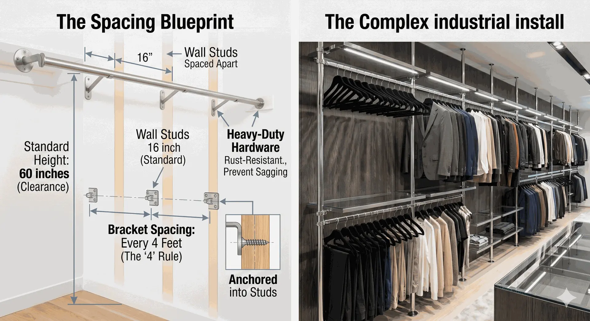 A detailed architectural infographic demonstrating standard heavy-duty closet rod hardware installation. It illustrates measurement callouts for standard height (60" clearance), the '4 Rule' bracket spacing (every 4 feet), and a ghosted layered view of intermediate center supports and end flanges secured directly into vertical wall studs to prevent sagging.