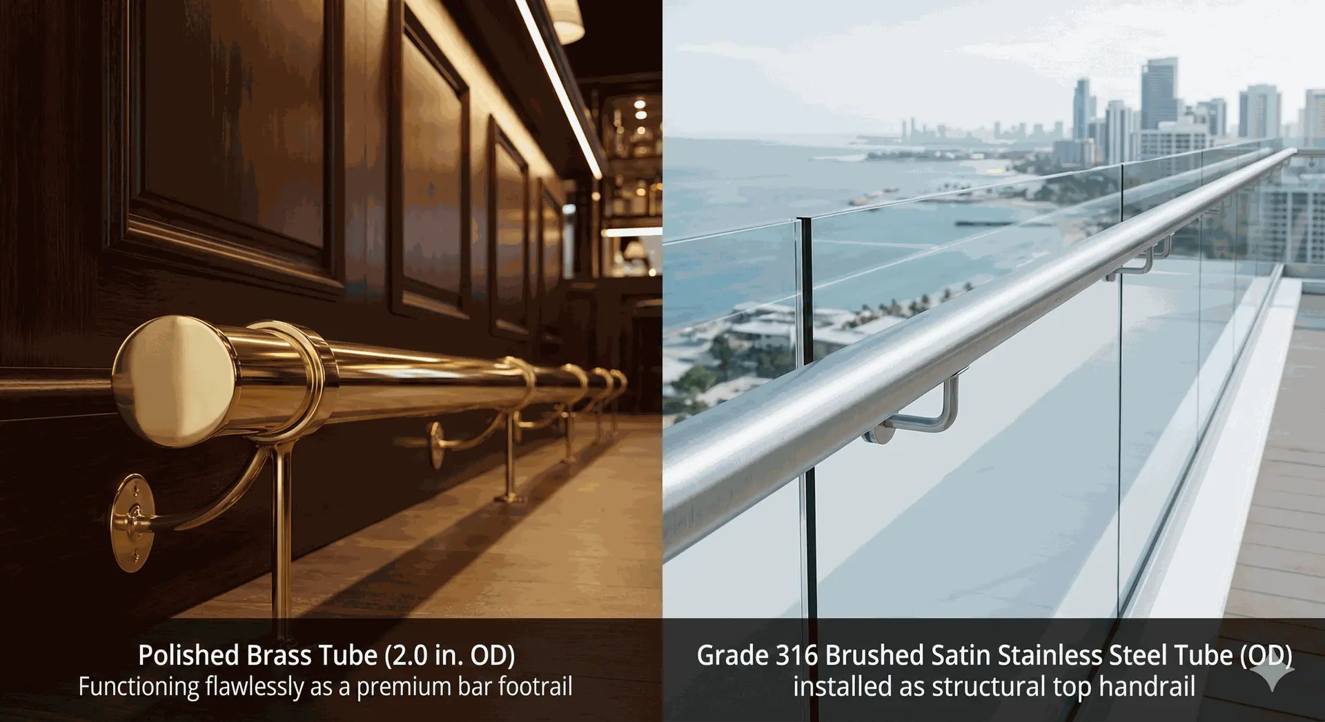 A side-by-side product showroom layout showcasing architectural polished brass tubing used as a bar footrail on the left, and a sleek brushed satin 316 stainless steel handrail installed on an exterior glass balcony on the right.