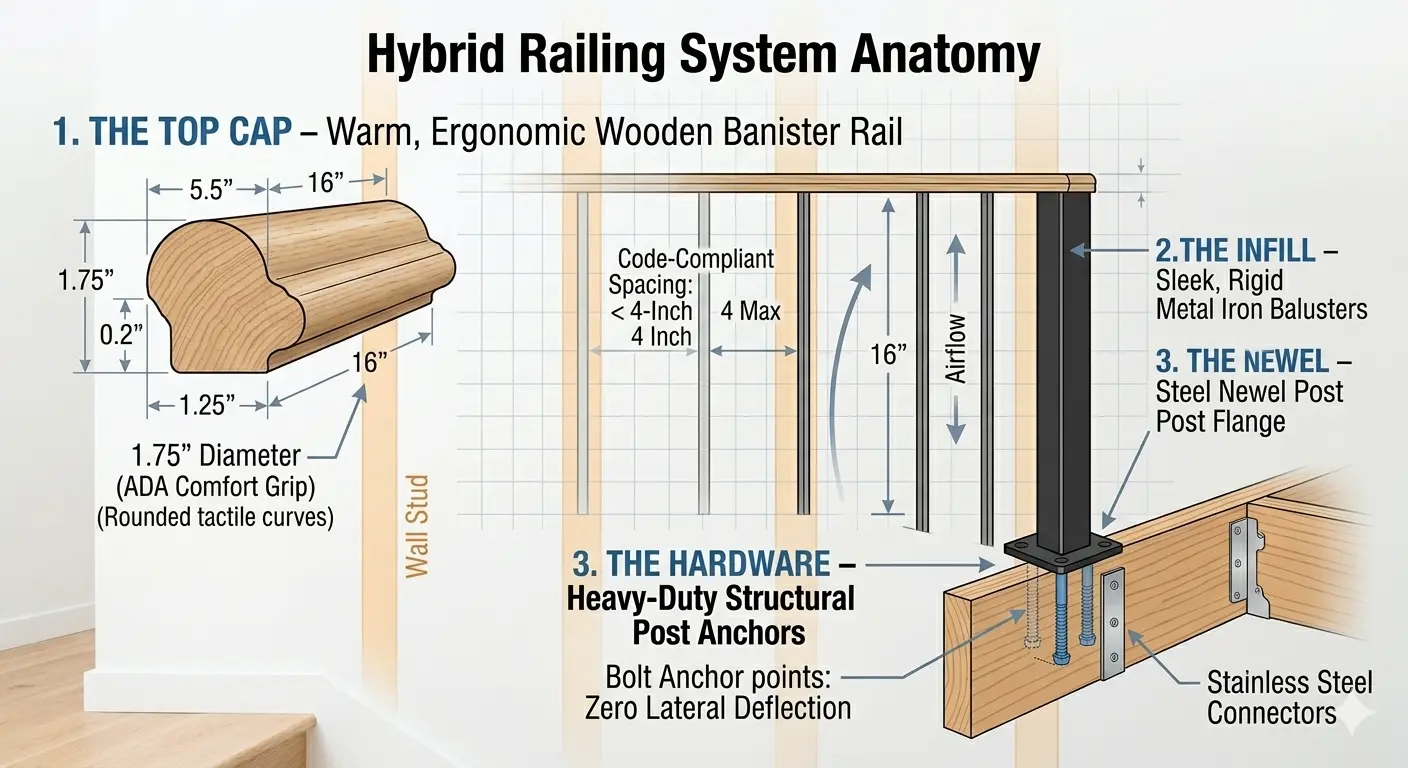 A technical installation diagram detailing a hybrid wood and metal stair railing system. The blueprint illustrates a profile cross-section of an ergonomic 1.75-inch wooden banister handrail top cap, vertical metal iron balusters with code-compliant spacing under 4 inches, and heavy-duty structural metal newel post anchor hardware designed for zero lateral deflection.