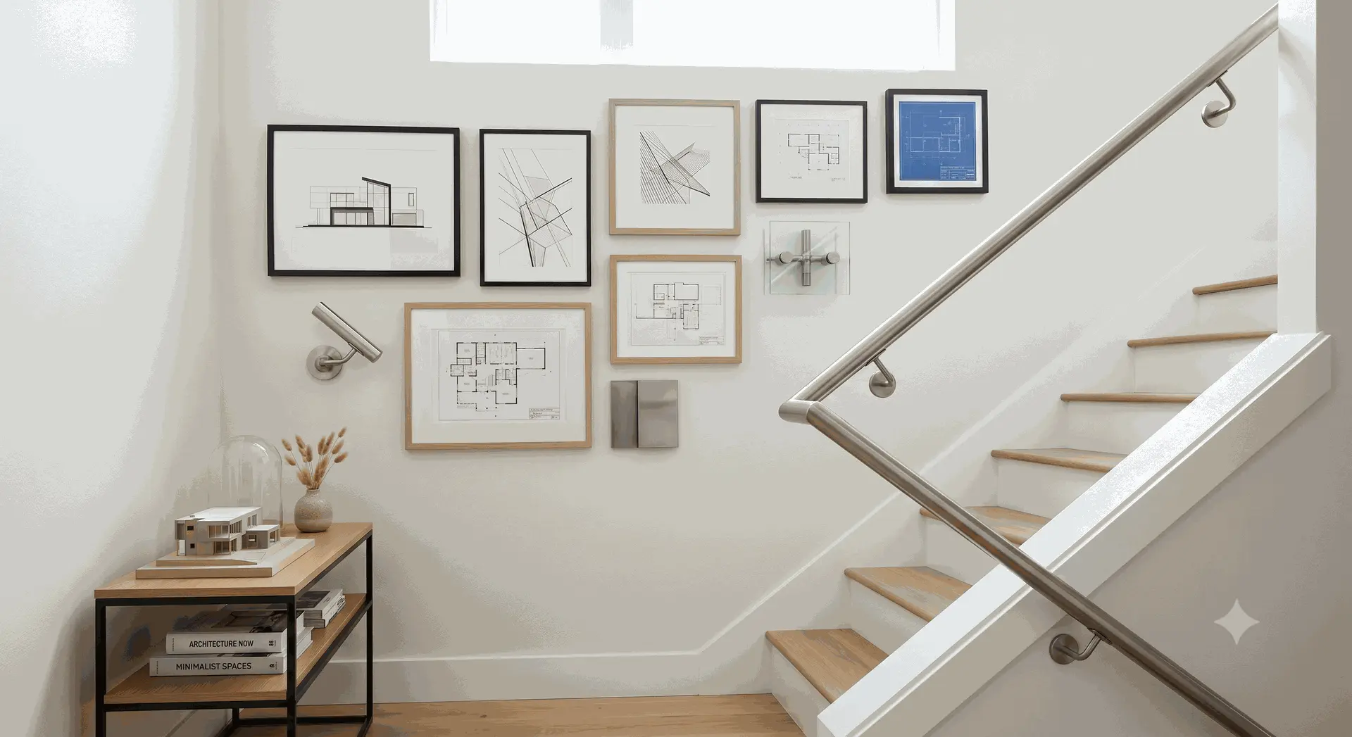 Minimalist stairwell wall decor layout with architectural components.