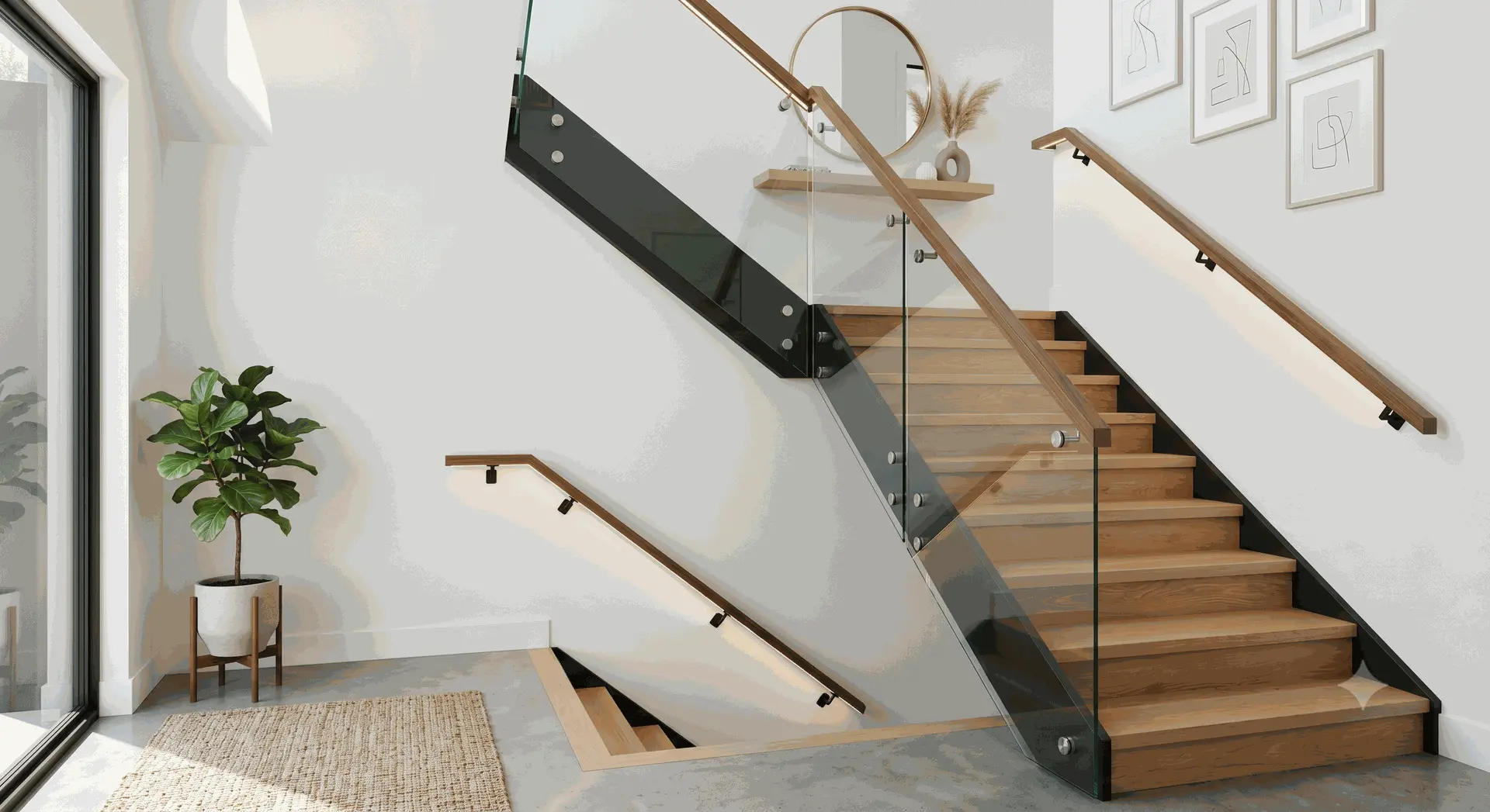 Modern residential staircase design featuring clear glass railing panels with warm wood top caps and integrated under-handrail LED lighting.