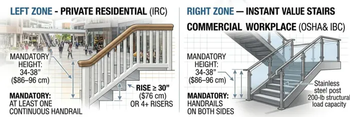 A split infographic comparing stairway handrail codes. The left side shows private residential (IRC) requirements featuring a wood handrail with a $34\text{--}38\text{ inch}$ height rule and a $30\text{-inch}$ vertical rise trigger. The right side illustrates commercial workplace (OSHA/IBC) regulations showcasing a stainless steel post and glass panel system with mandatory double-sided handrails and a $200\text{-lb}$ structural load capacity.