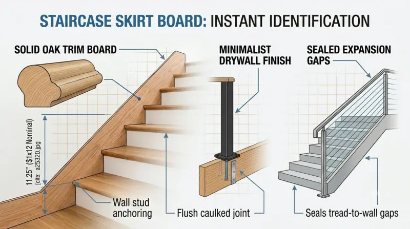 A 16:9 infographic comparing a traditional solid oak stair skirt board installation sealing tread-to-wall gaps with a minimalist flush caulked drywall staircase finish.