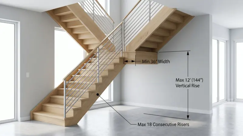 A 16:9 architectural rendering of a wooden staircase with a midpoint landing platform, featuring clean overlay lines detailing the maximum 12-foot vertical rise limit, 36-inch minimum width requirement, and 18-riser threshold before a landing is required.