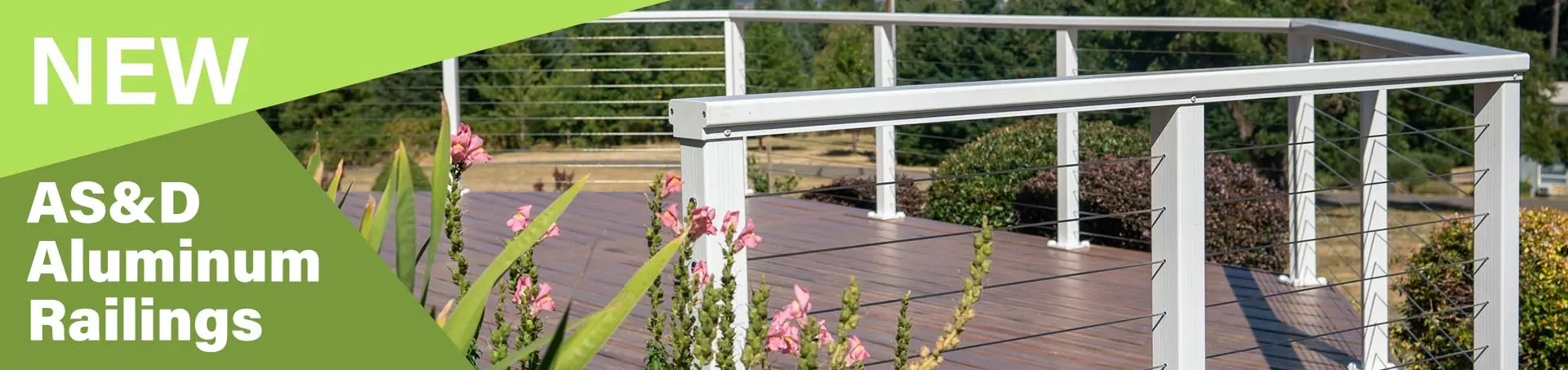Aluminum cable railing system for deck with stainless steel cables and white posts by BuyRailings